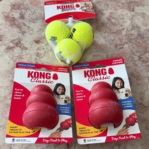 NWT~3 Piece Bundle~2 KONG Classic Red Chew Toys and 3 Piece KONG Tennis Ball Set